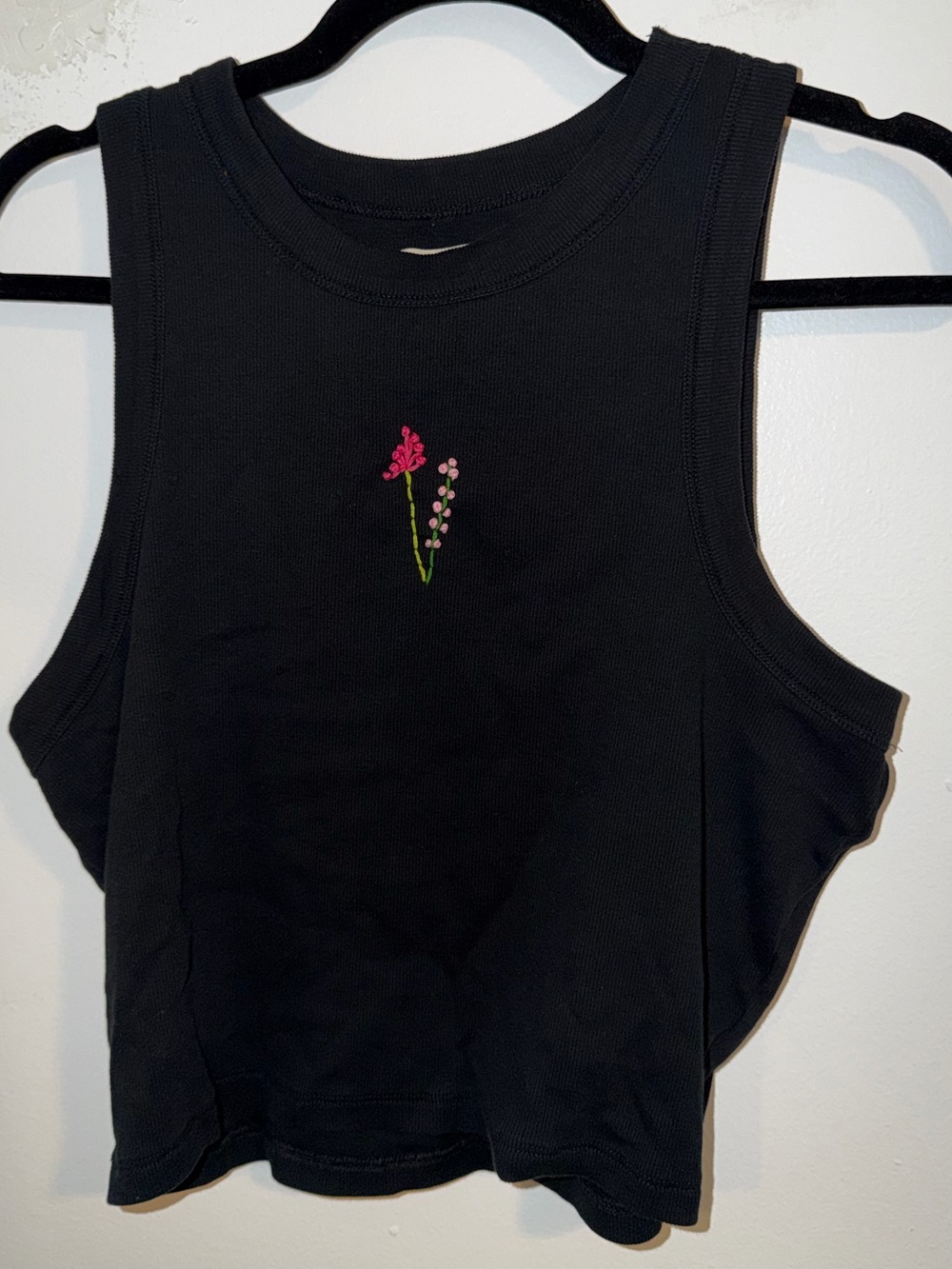 Madewell Black Cropped Tank Top with Pink Floral Embroidery